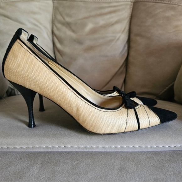 Via Spiga Beige canvas Black Suede Bow Accent Y2K Pointed Toe Heels Shoes sz 10 - Picture 11 of 11